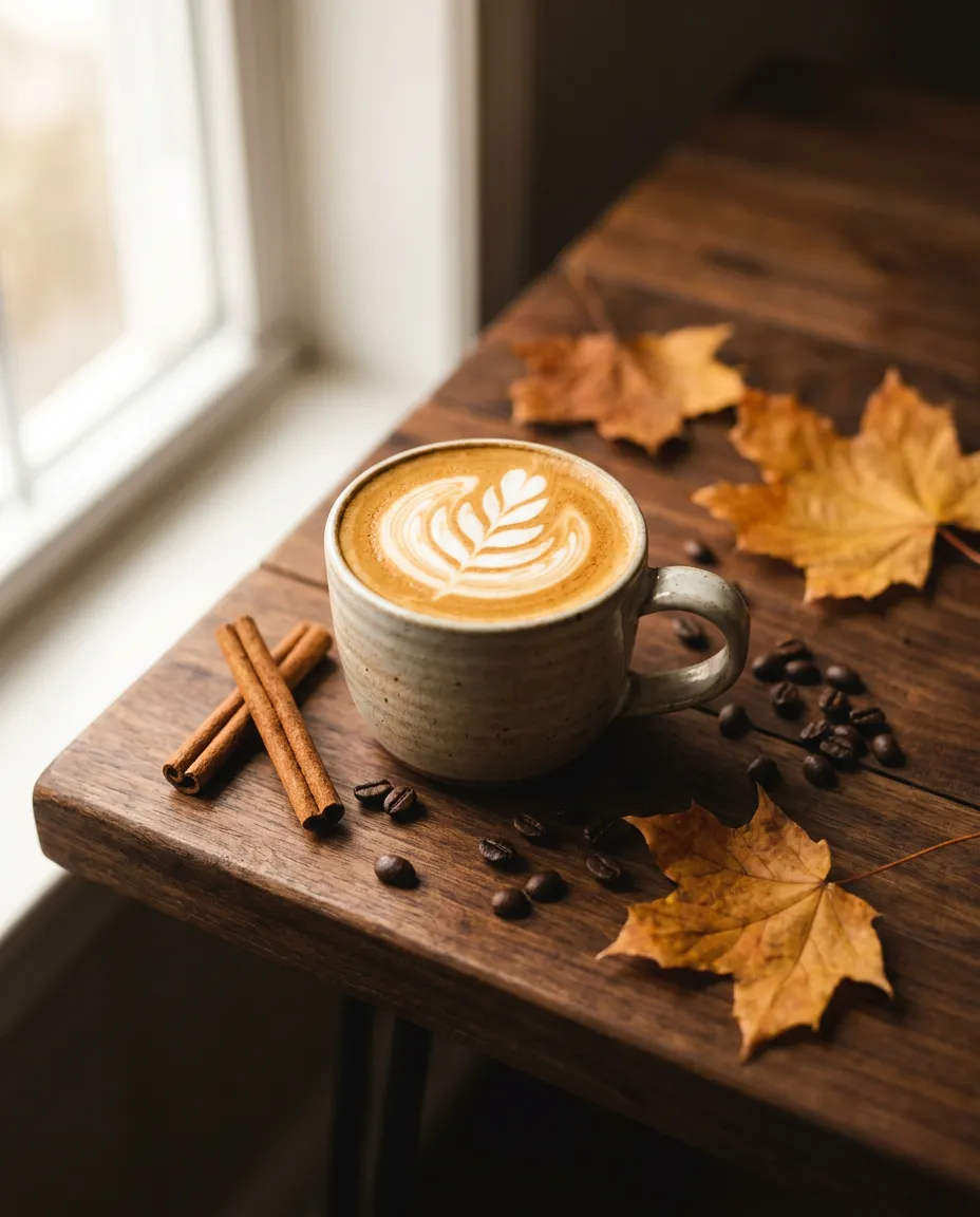A latte with autumn leaves and cinnamon on a wooden table, made as a café post