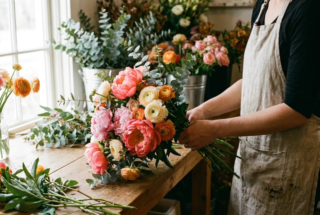 A florist arranging peonies and roses at her workbench