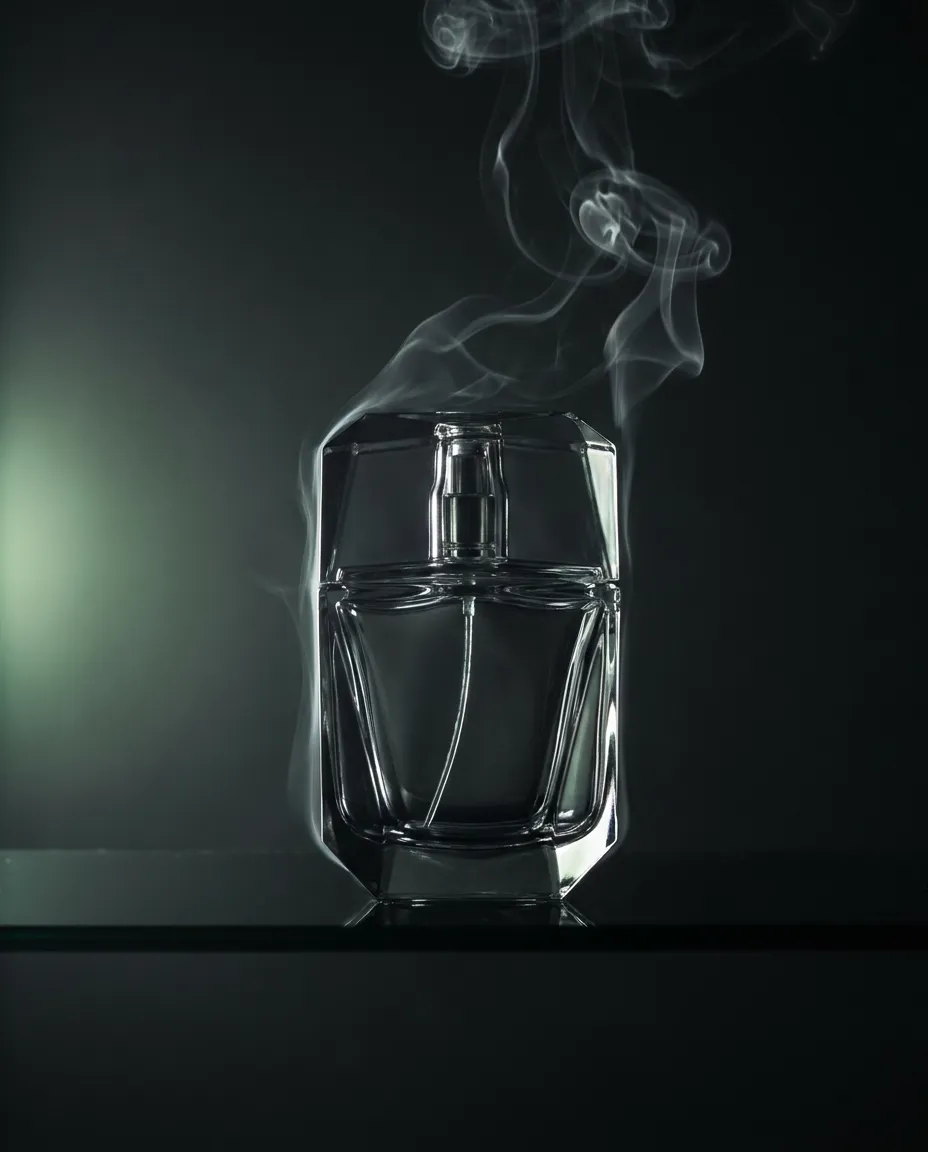 A dark perfume campaign image with a glass bottle and drifting smoke