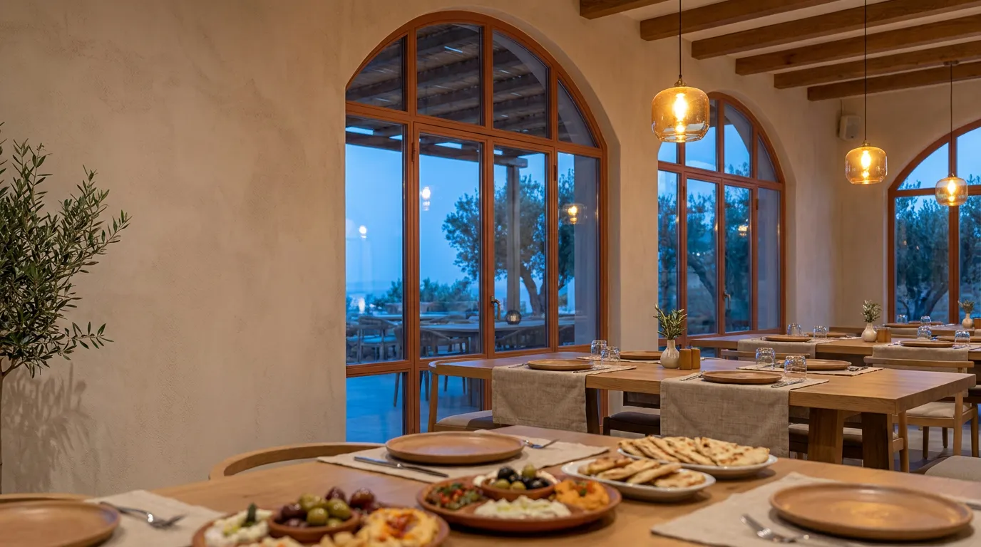 The hero image of a restaurant website: a bright Mediterranean dining room with arched windows