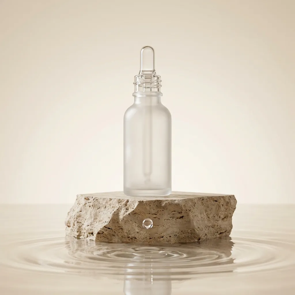 A glass serum bottle on a stone in shallow water, made as a skincare ad