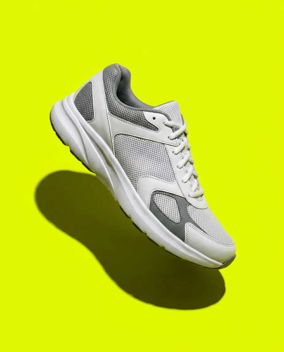 A white running shoe floating over a bright lime background, made as a launch post